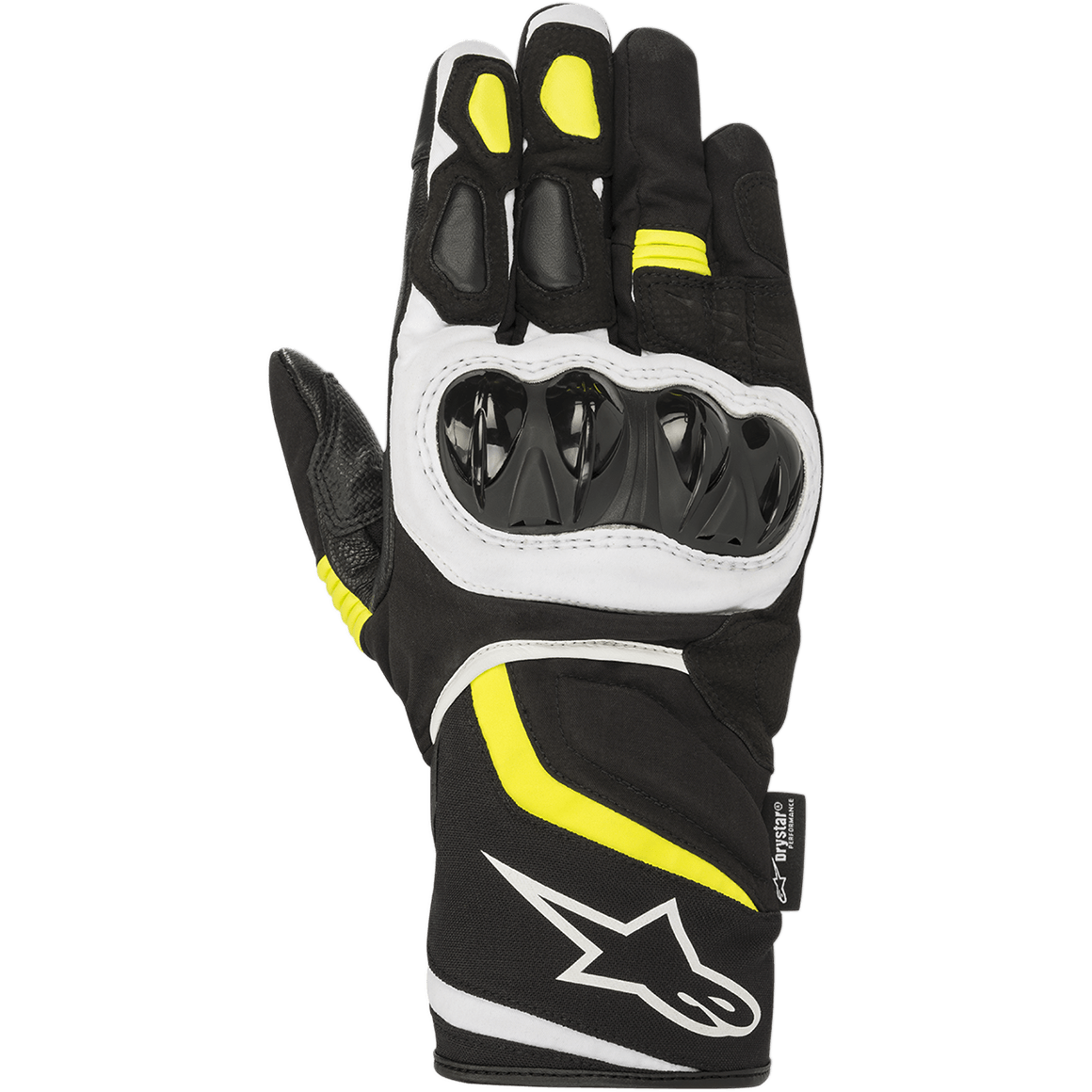 Alpinestars T-SP W Drystar® handskar, sportiga motorcykelhandskar, svarta med detaljer i neongult och vitt, hårt knogskydd, medellång manschett med vit logotyp, vattentät konstruktion i textil och softshell