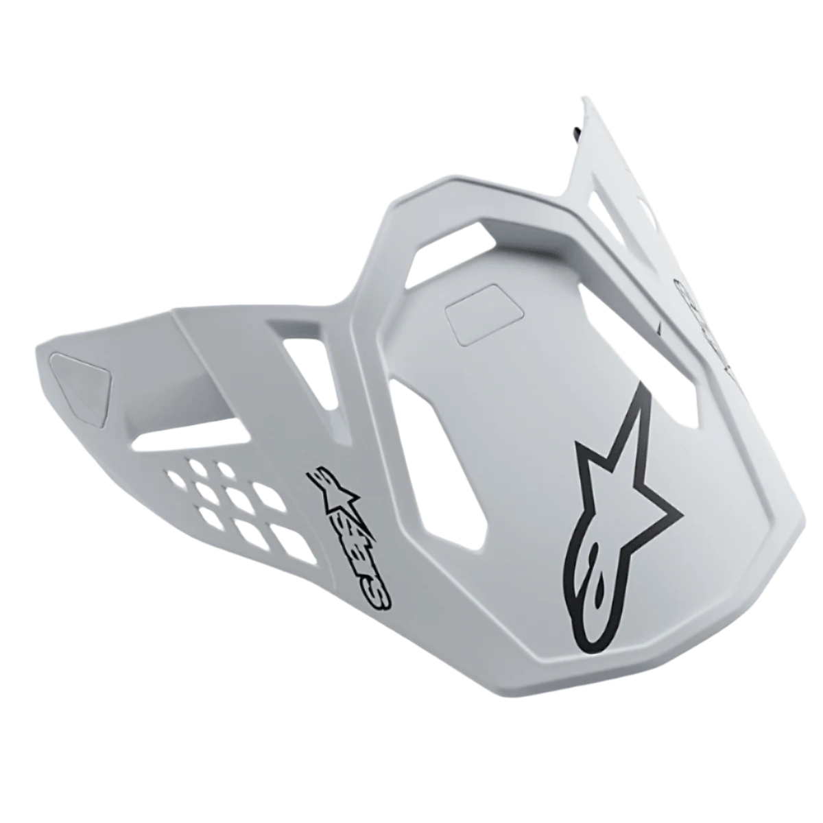 Alpinestars Supertech M10 Dyno hjälmskärm, matt vit, med svarta Alpinestars stjärnlogotyper, motocross-skärm med geometriska utskärningar för luftflöde, matt finish, aerodynamisk design för terrängkörning
