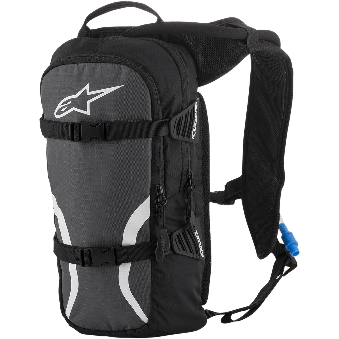 Alpinestars Iguana Hydration Backpack, vätskeryggsäck för terrängkörning, svart, antracitgrå och vit, med vadderade axelremmar i mesh, främre kompressionsremmar med spännen, fack med dragkedjor och en blå vätskeslang med munstycke
