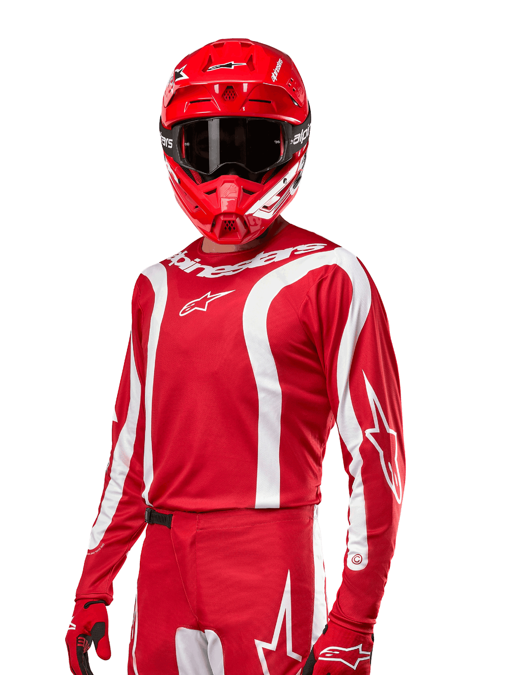 2024 Fluid Lurv Jersey, motocrosströja, Mars Red och vit, bärs med matchande röd hjälm och handskar, djärv sportig design med vita svängda ränder och Alpinestars-logotyper