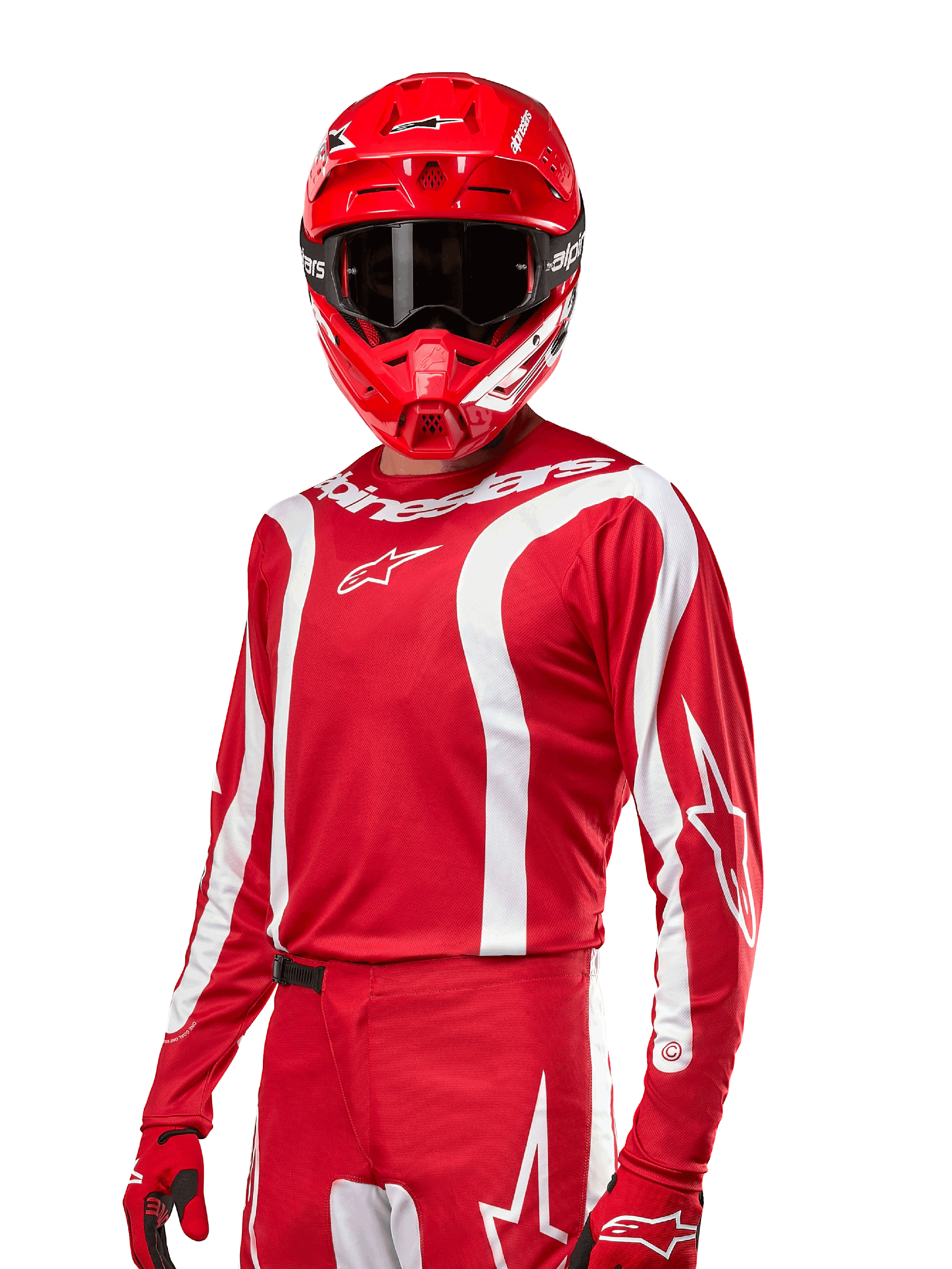 2024 Fluid Lurv Jersey, motocrosströja, Mars Red och vit, bärs med matchande röd hjälm och handskar, djärv sportig design med vita svängda ränder och Alpinestars-logotyper