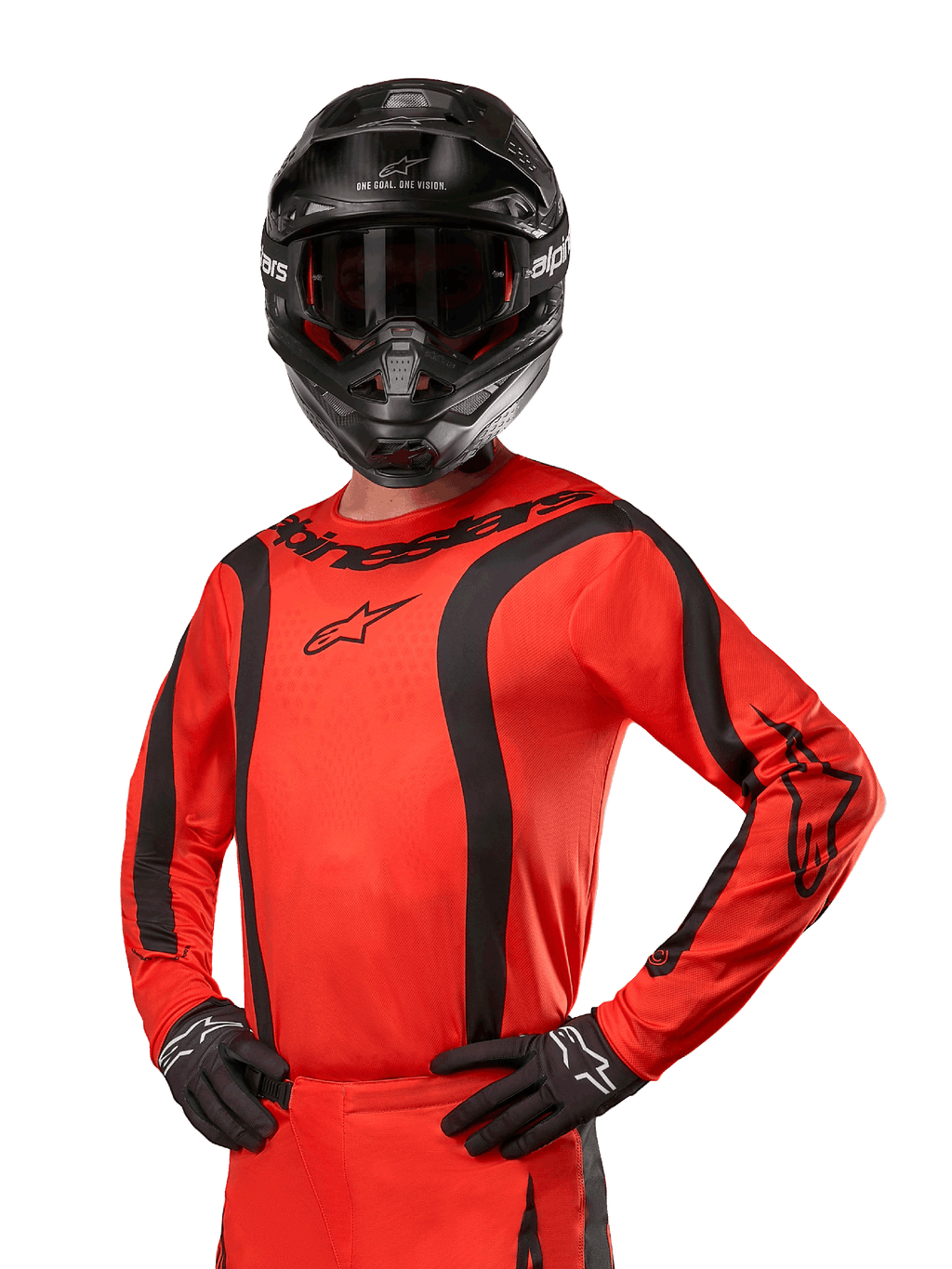Alpinestars 2024 Fluid Lurv tröja, motocross racingtröja, Hot Orange och svart, långärmad med svängda svarta ränder, Alpinestars-logotyper på bröstet och axlarna, bärs med svart hjälm och handskar, atletisk terrängutrustning