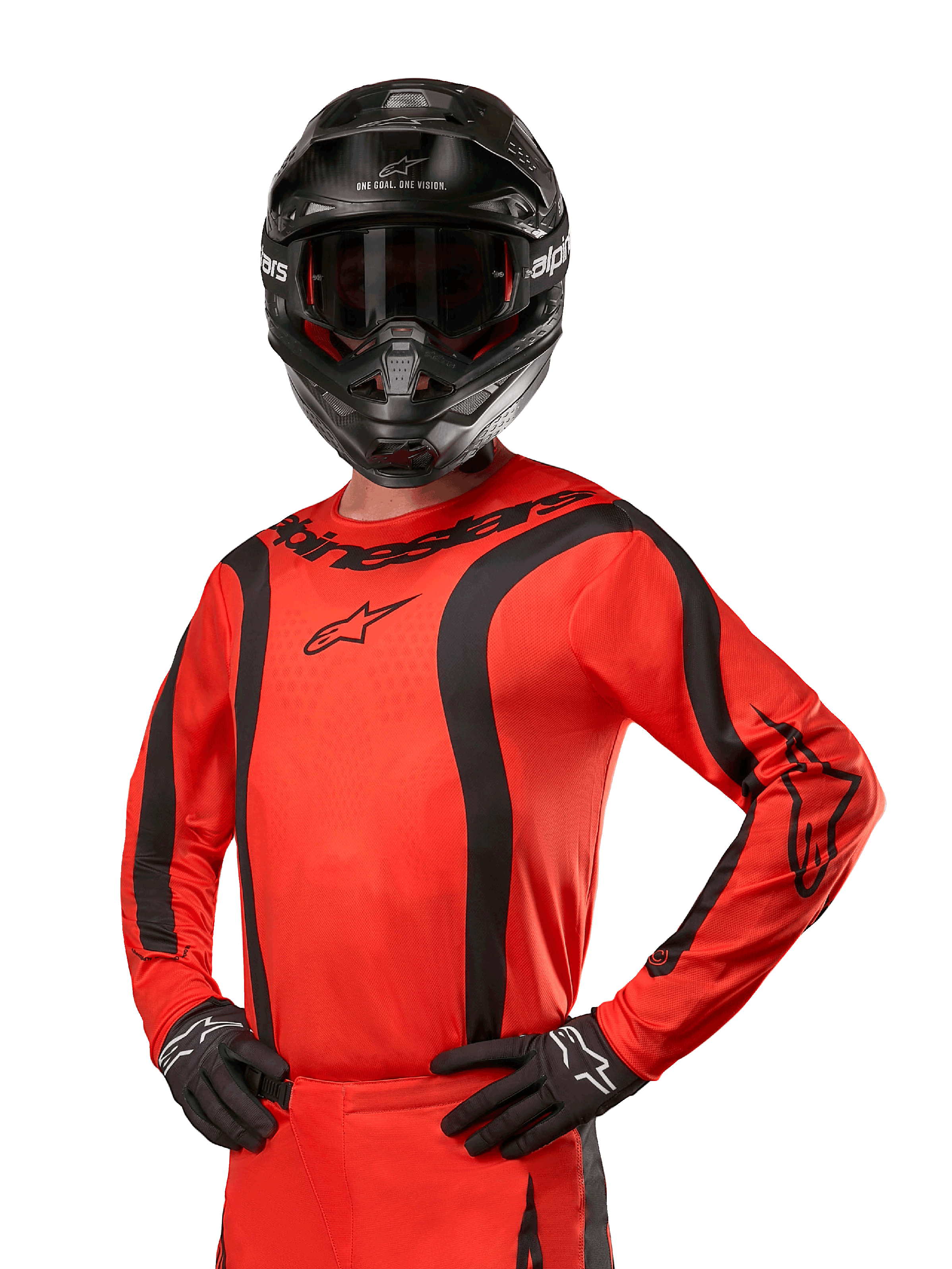 Alpinestars 2024 Fluid Lurv tröja, motocross racingtröja, Hot Orange och svart, långärmad med svängda svarta ränder, Alpinestars-logotyper på bröstet och axlarna, bärs med svart hjälm och handskar, atletisk terrängutrustning