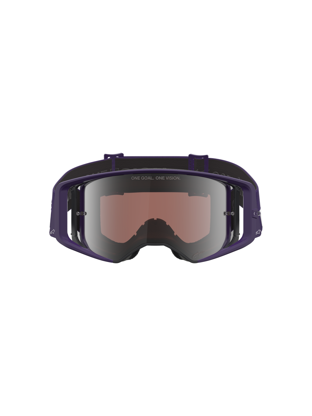 Alpinestars Limited Edition HUNTA96 XXV Supertech Vision Goggles, motocrossglasögon, lila och vita med silverspegel-lins, vy framifrån som visar reflekterande lins med texten 'ONE GOAL. ONE VISION.', bred periferiramdesign för terrängkörning