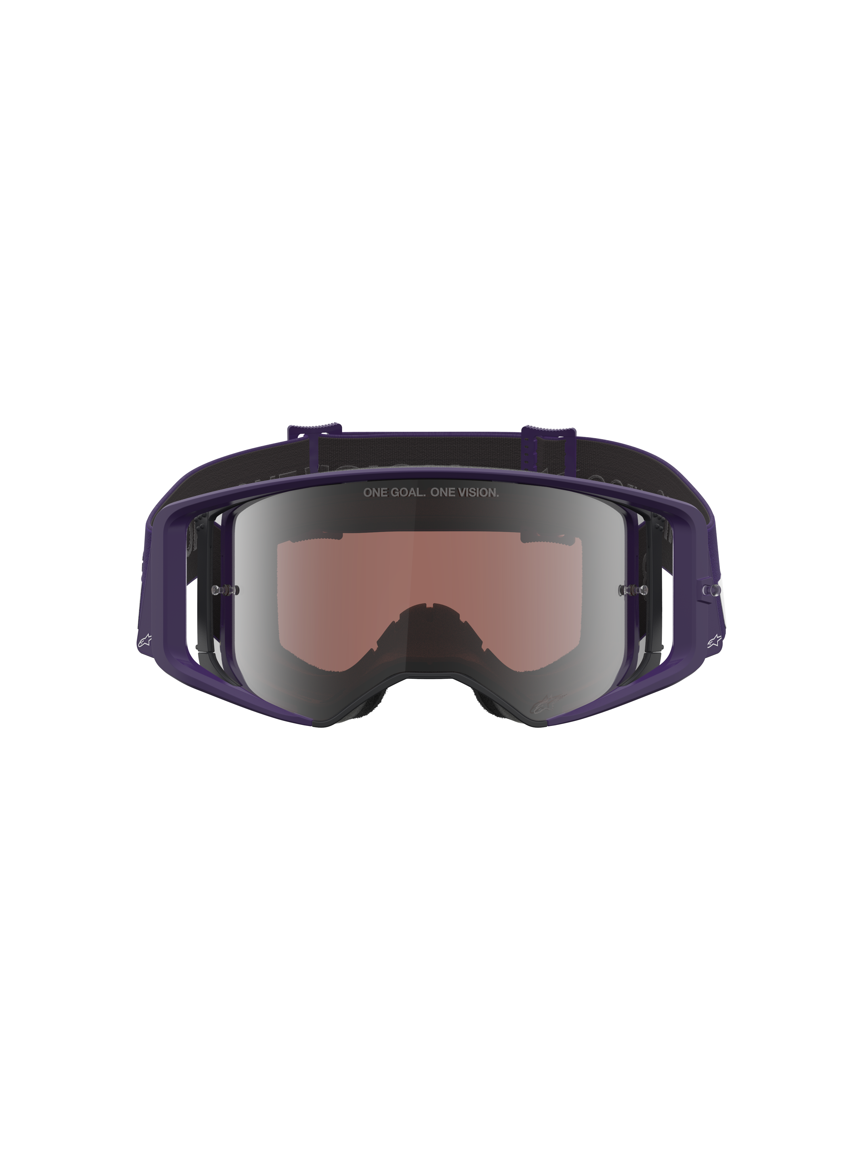 Alpinestars Limited Edition HUNTA96 XXV Supertech Vision Goggles, motocrossglasögon, lila och vita med silverspegel-lins, vy framifrån som visar reflekterande lins med texten 'ONE GOAL. ONE VISION.', bred periferiramdesign för terrängkörning
