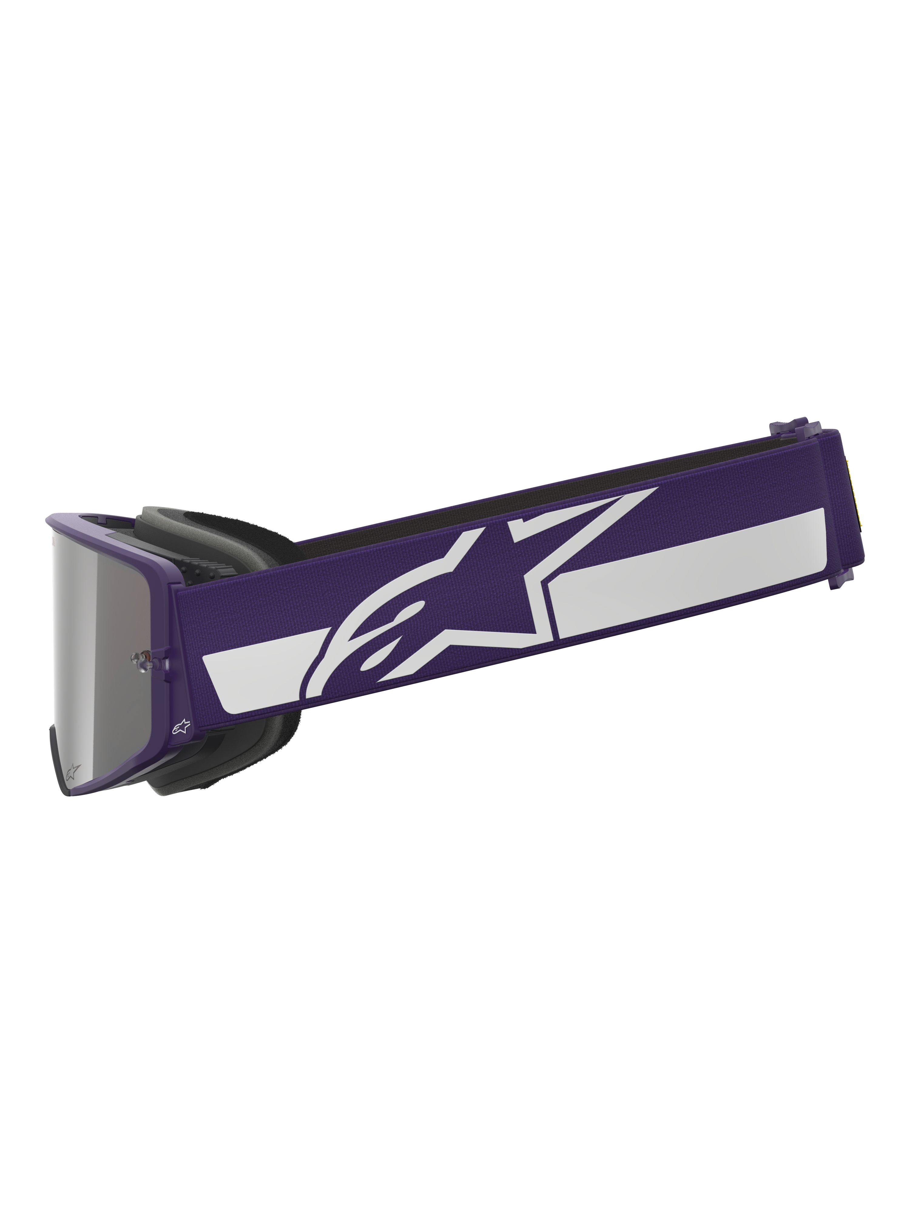 Alpinestars Limited Edition HUNTA96 XXV Supertech Vision Goggles, motocrossglasögon, lila och vit, sidoprofil som visar ett brett lila band med vit Alpinestars-stjärnlogotyp och rand, silverspegel-lins, högpresterande terrängglasögon
