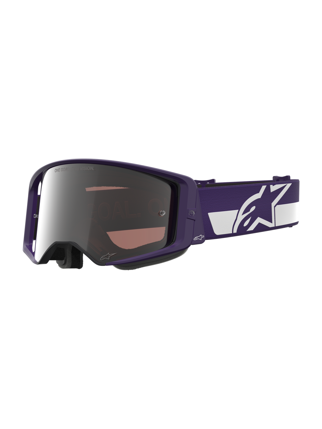 Alpinestars Limited Edition HUNTA96 XXV Supertech Vision-glasögon, motocrossglasögon, lila och vita med silverspegel-lins, med texten "ONE GOAL. ONE VISION." på linsen, brett justerbart band med framträdande Alpinestars-logotyp, högpresterande skyddsglasögon för terrängkörning