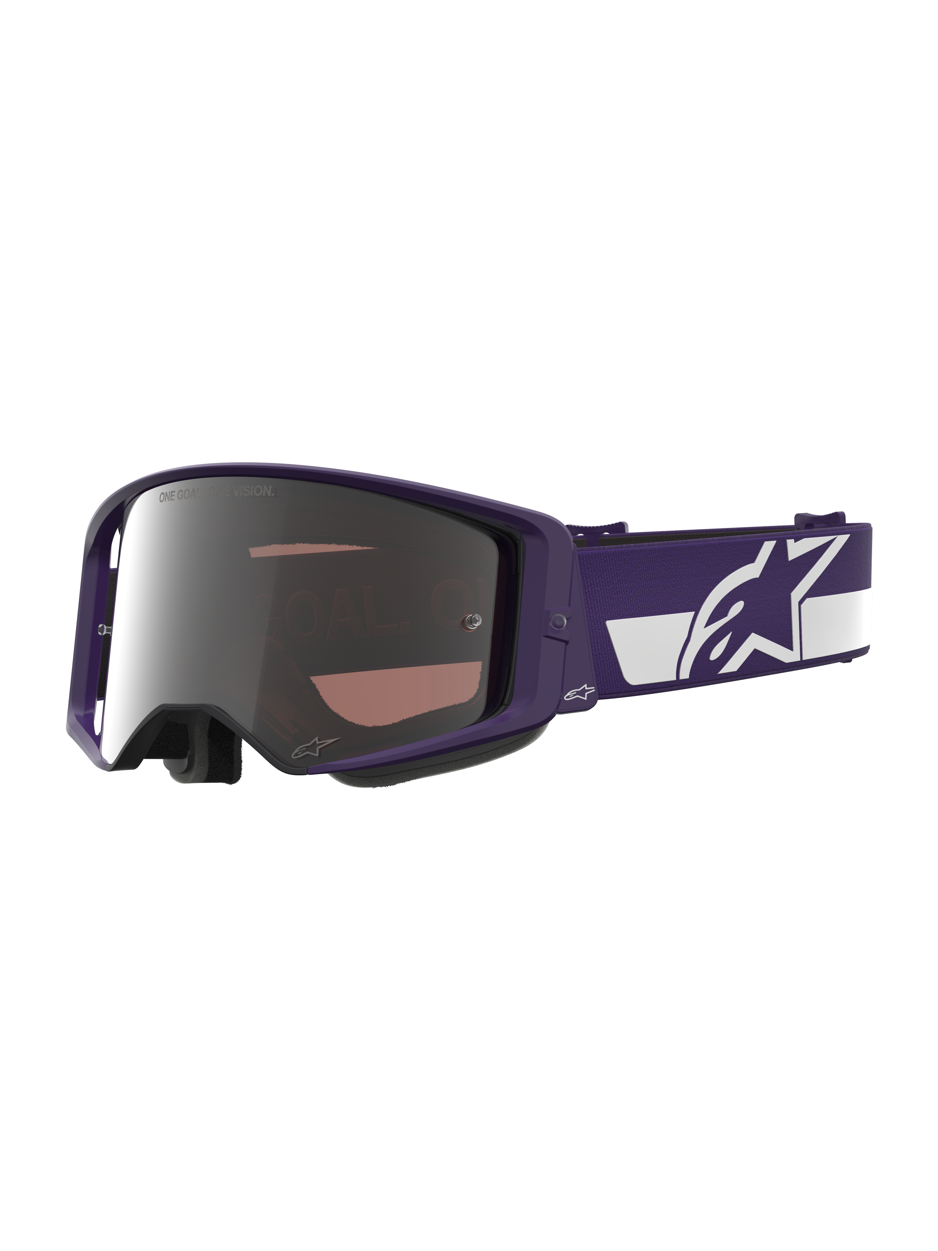 Alpinestars Limited Edition HUNTA96 XXV Supertech Vision-glasögon, motocrossglasögon, lila och vita med silverspegel-lins, med texten "ONE GOAL. ONE VISION." på linsen, brett justerbart band med framträdande Alpinestars-logotyp, högpresterande skyddsglasögon för terrängkörning