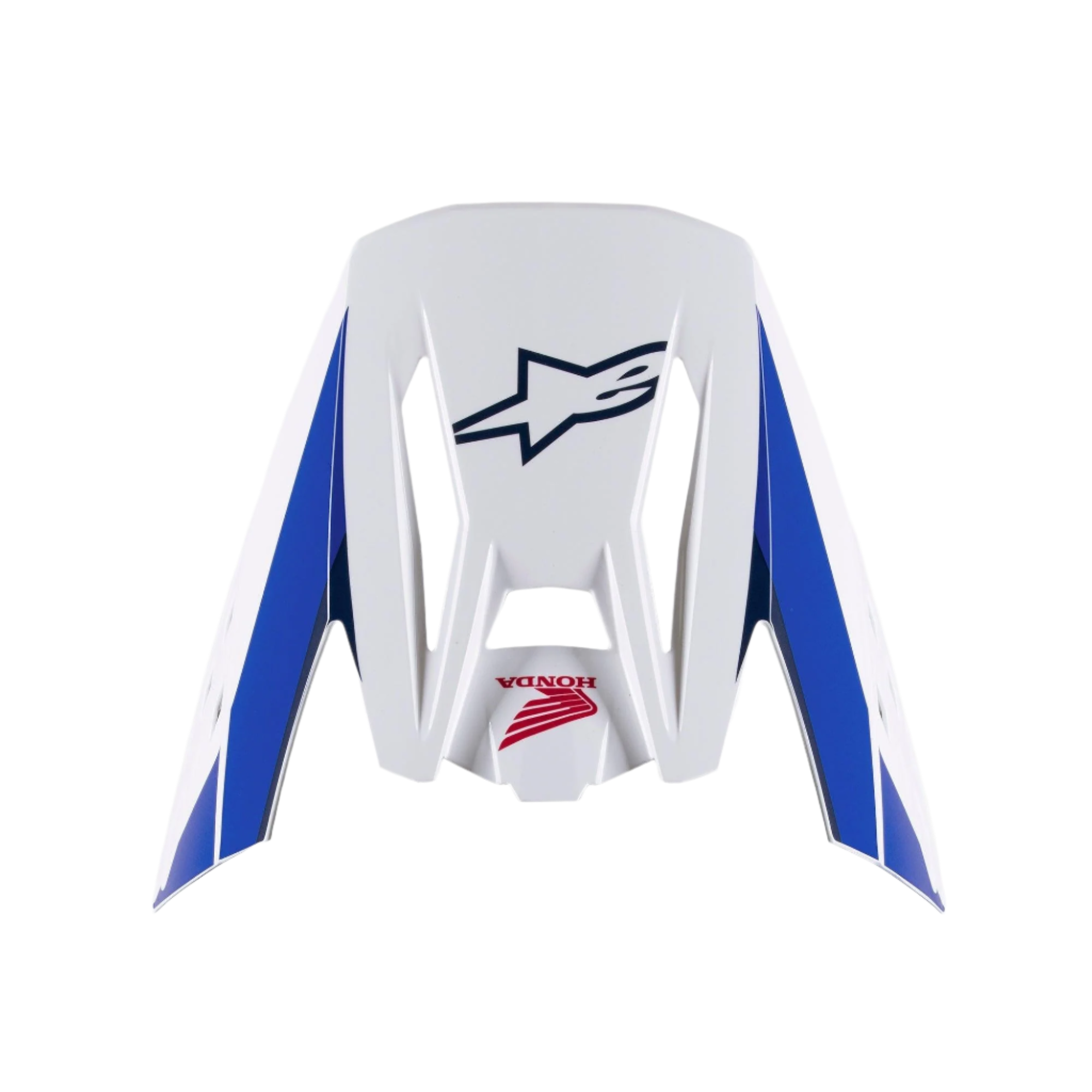 Alpinestars Honda S-M5 Visir, ersättningsvisir för hjälm, vit, blå och röd glansig finish, med blå sidopaneler, marinblå Alpinestars- och röd Honda-logotyp, tillbehör till motocrosshjälm