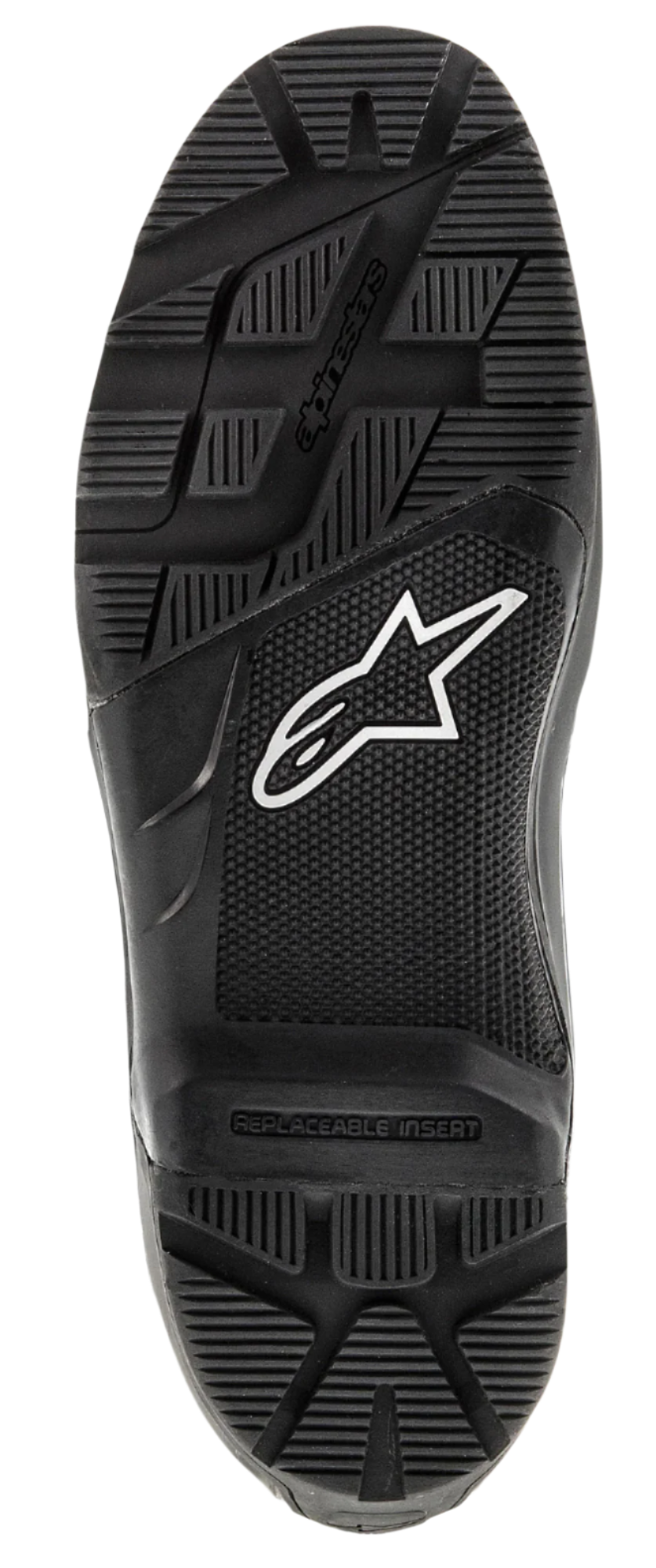 Alpinestars Tech 7 Enduro-sula, utbytbar yttersula i gummi, svart, med en vit stjärnlogotyp och ett grovt mönster för terränggrepp, hållbar reservdel för motocross- och endurostövlar