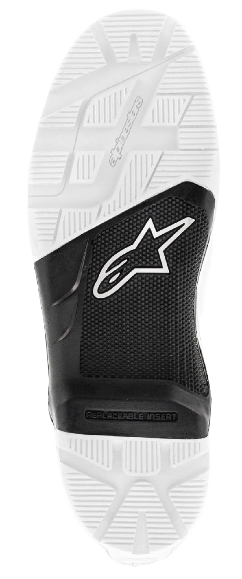 Alpinestars Tech 7 Enduro-sula, utbytbar yttersula i gummi, svart och vit, vy underifrån som visar texturerat mönster med dobbar, vit Astars-logotyp på svart mittsektion och präglad Alpinestars-logotyp, reservdel för terrängstövlar
