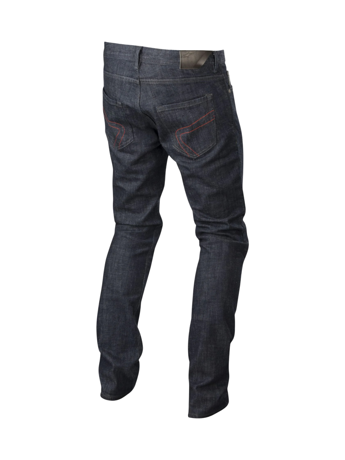 Alpinestars Copper Denim byxor, mörkblå urban mc-jeans för herr med röda sömmar, aramidfiberförstärkta, rak passform.