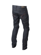 Alpinestars Copper Denim byxor, mörkblå urban mc-jeans för herr med röda sömmar, aramidfiberförstärkta, rak passform.