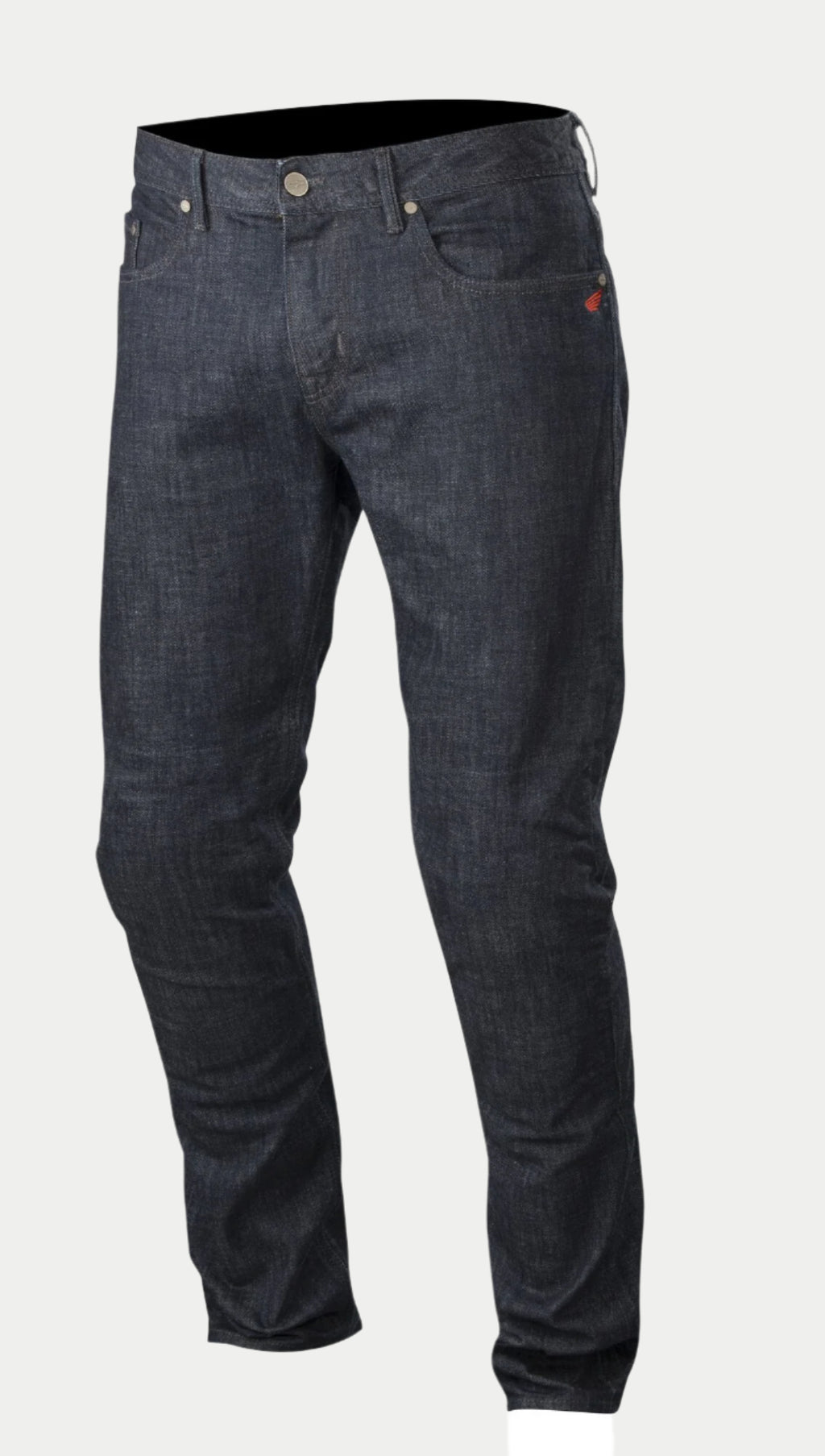 Alpinestars Copper Denim Pants, motorcykeljeans, mörkblå, med rak passform, klassisk femficksmodell med en liten röd logotypdetalj på fickan och förböjd benkonstruktion för stadskörning