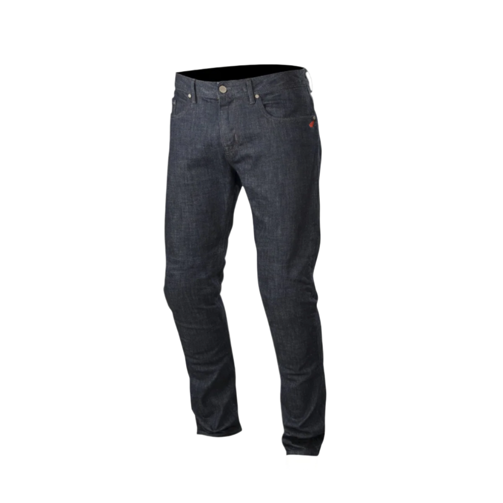 Alpinestars Copper Denim Pants, motorcykeljeans, mörkblå, rak passform med förformad benkonstruktion, liten röd logotyp på myntfickan, klassisk femficksdesign för stadspendling