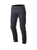 Alpinestars Copper Denim-byxor, mörkblå motorcykeljeans för herrar, rak passform, urban körstil, aramidfiberförstärkning och CE-certifierade skyddsfickor.
