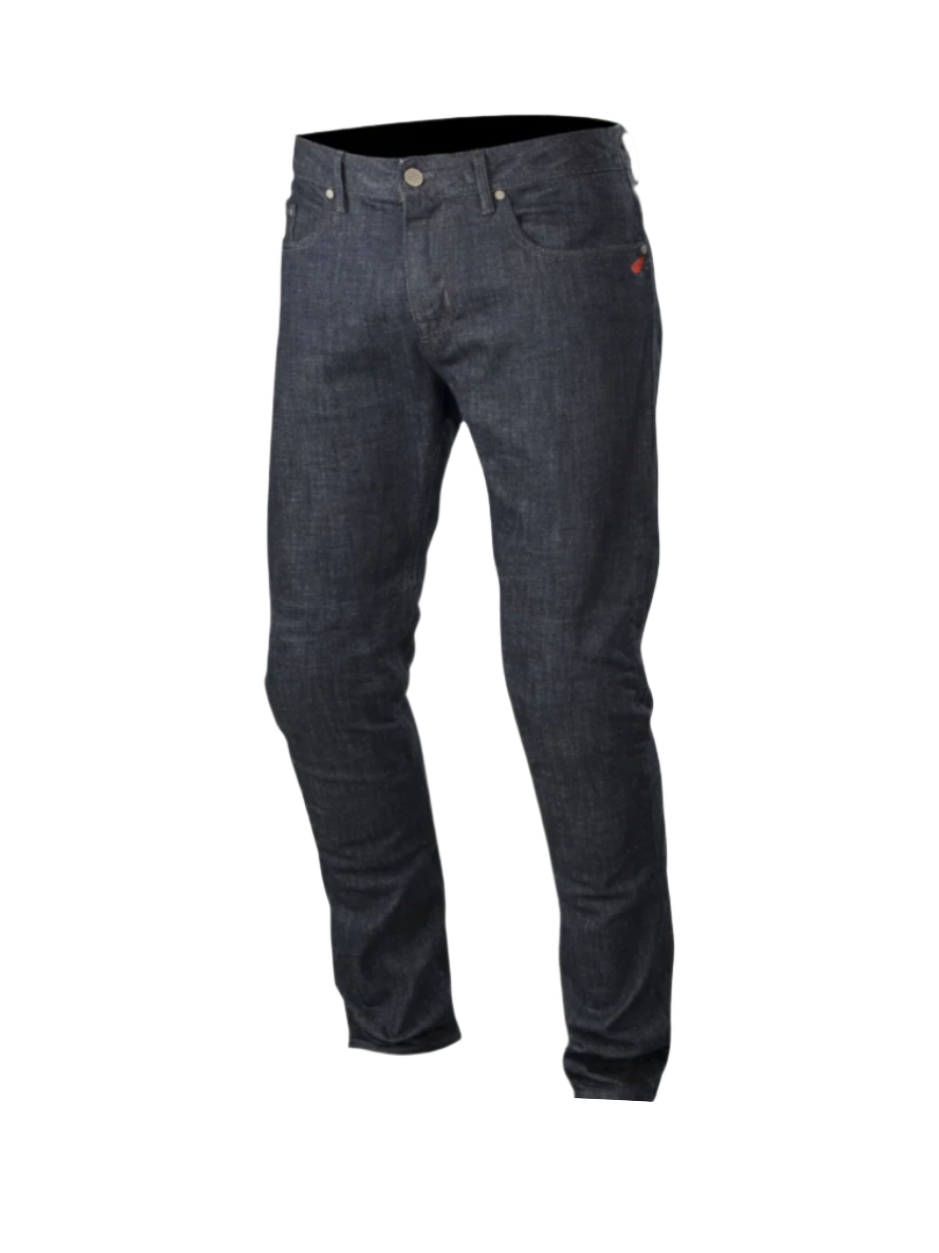 Alpinestars Copper Denim-byxor, mörkblå motorcykeljeans för herrar, rak passform, urban körstil, aramidfiberförstärkning och CE-certifierade skyddsfickor.