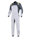 Alpinestars GP Pro Comp Suit, Professional Auto Racing Suit, Silver Blue Asphalt Lime, light silver body with dark gray shoulder panels and lime green accents, belted waist and ribbed cuffs, FIA-certified three-layer construction for motorsport performance