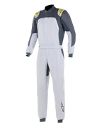 Alpinestars GP Pro Comp Suit, Professional Auto Racing Suit, Silver Blue Asphalt Lime, light silver body with dark gray shoulder panels and lime green accents, belted waist and ribbed cuffs, FIA-certified three-layer construction for motorsport performance
