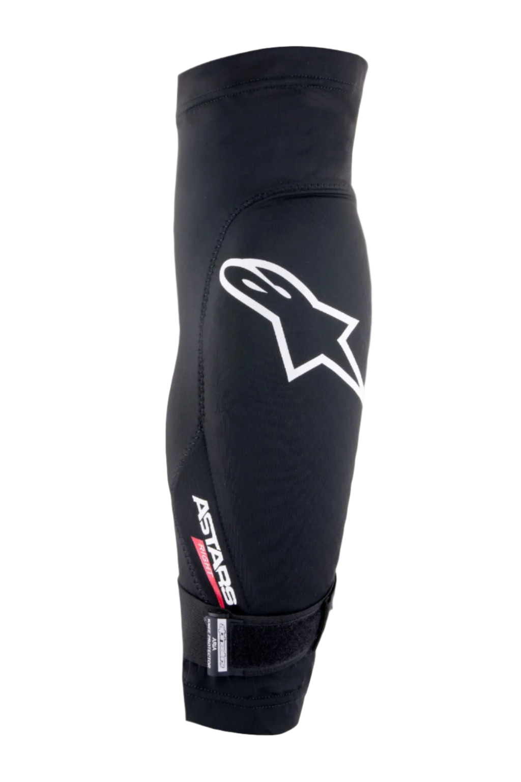 Alpinestars Aria knäskydd, svart och vitt, ventilerande mesh-ärm med en stor vit Astars-logotyp, texten "ASTARS RIGHT" och ett justerbart bottenband, lättviktigt skydd för mountainbike och cykling