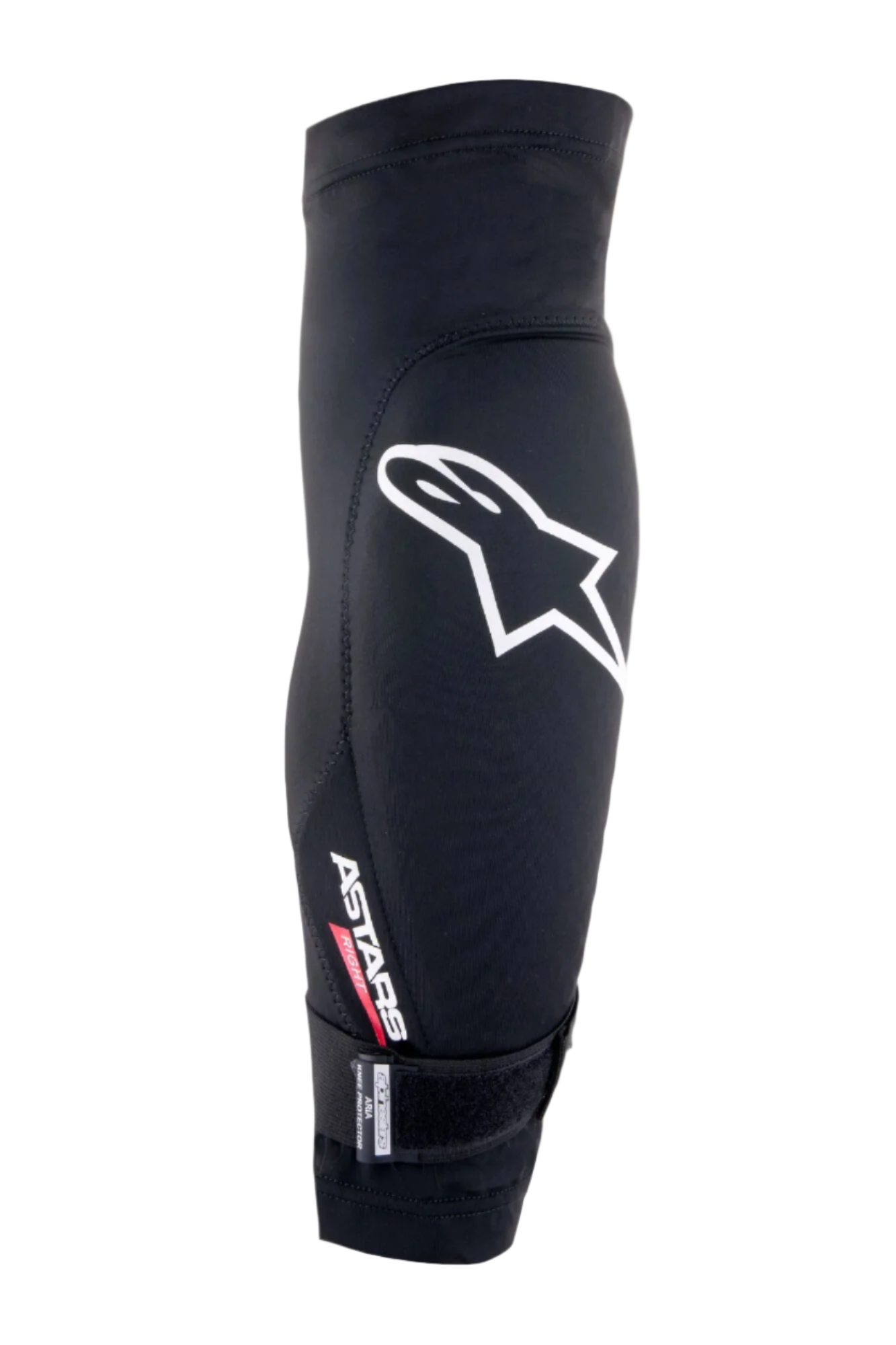 Alpinestars Aria knäskydd, svart och vitt, ventilerande mesh-ärm med en stor vit Astars-logotyp, texten "ASTARS RIGHT" och ett justerbart bottenband, lättviktigt skydd för mountainbike och cykling