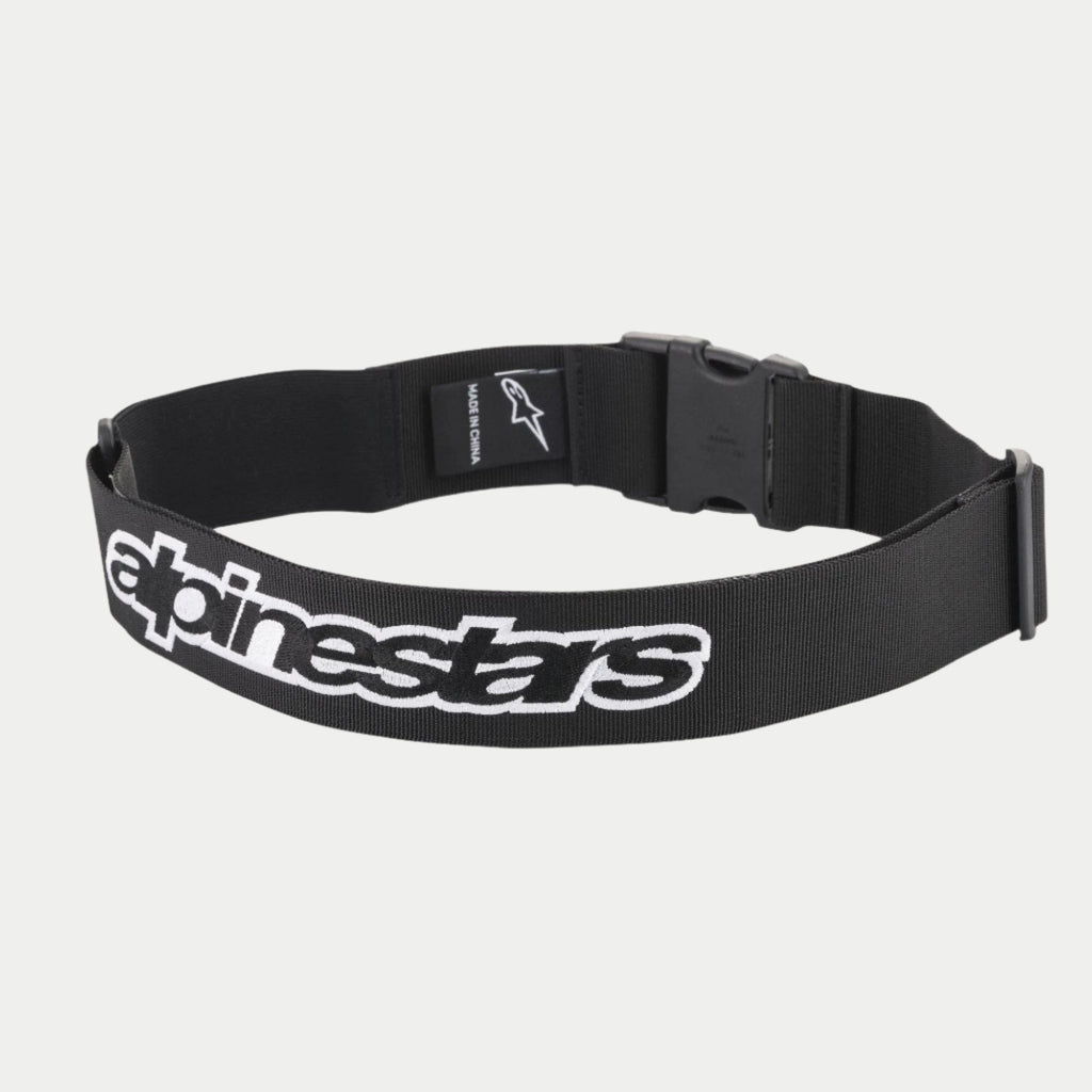 Alpinestars Pit Radio Belt, svart tekniskt verktygsbälte med en vit broderad Alpinestars-logotyp, snabbspänne i plast och stretchigt poly-material för depåpersonal