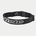 Alpinestars Pit Radio Belt, svart tekniskt verktygsbälte med en vit broderad Alpinestars-logotyp, snabbspänne i plast och stretchigt poly-material för depåpersonal