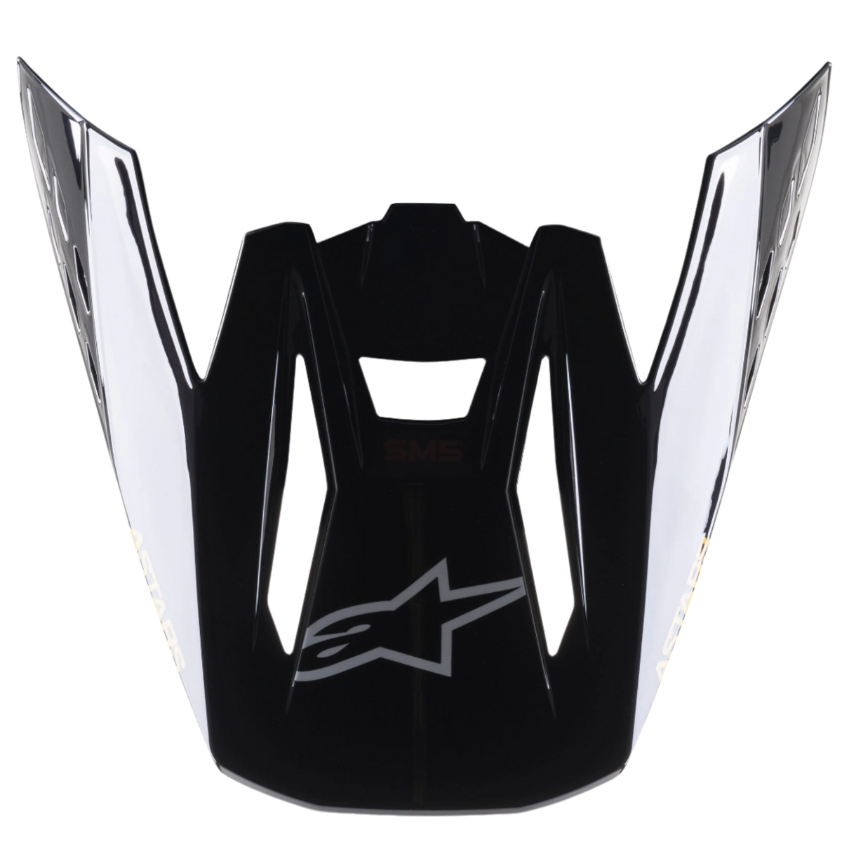 Alpinestars S-M5 Venture Helmet Visor, Motocross Helmet Accessory, Black Glossy, replacement peak featuring a silver Alpinestars logo on the front and white branding on the sides, durable plastic with a glossy finish for off-road racing.