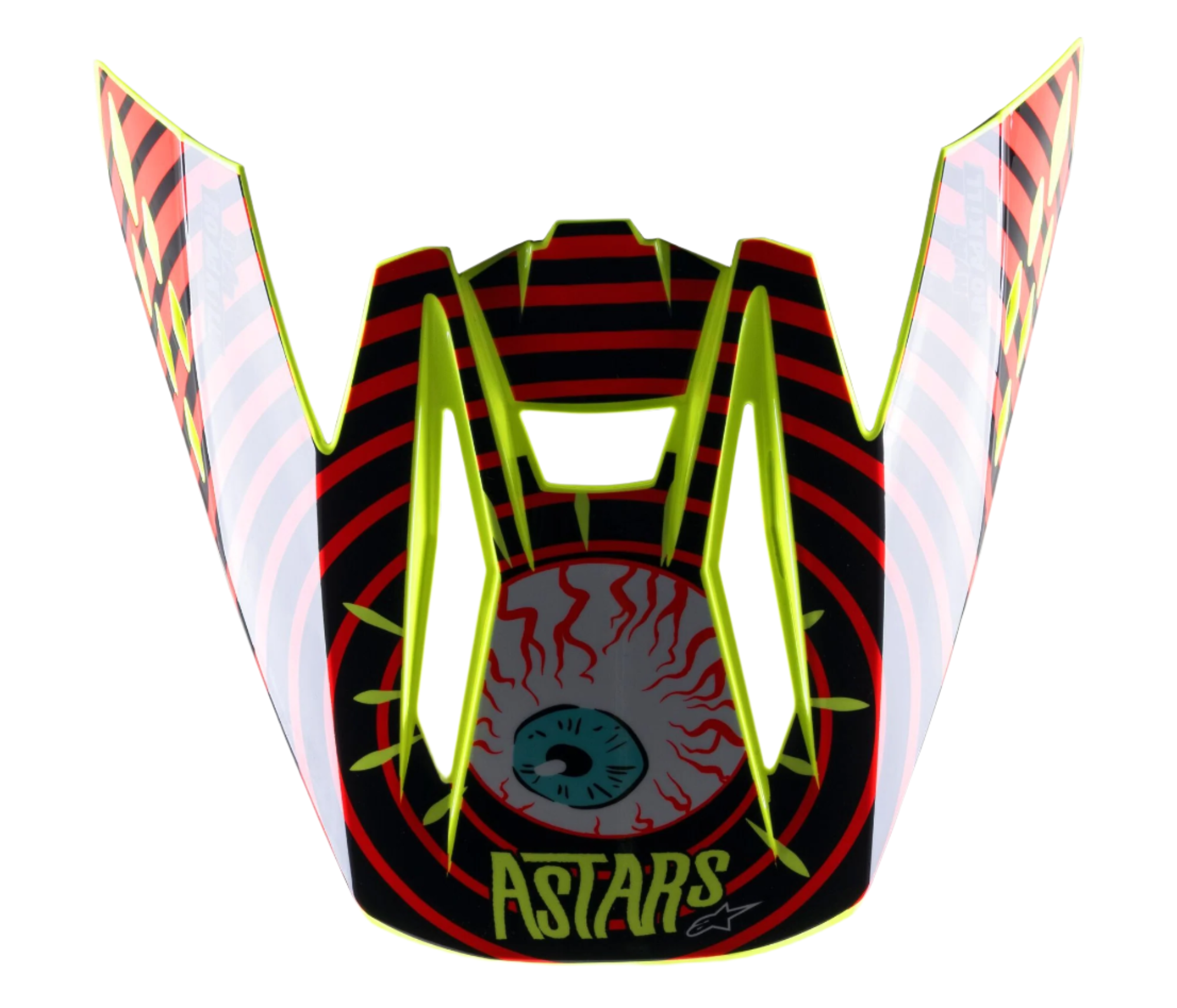 Alpinestars S-M5 Solar Flare visir, utbytesskärm för motocrosshjälm, svart, röd och fluorgul, med en framträdande grafik av ett blodsprängt öga, ASTARS-logotyp och neongula detaljer