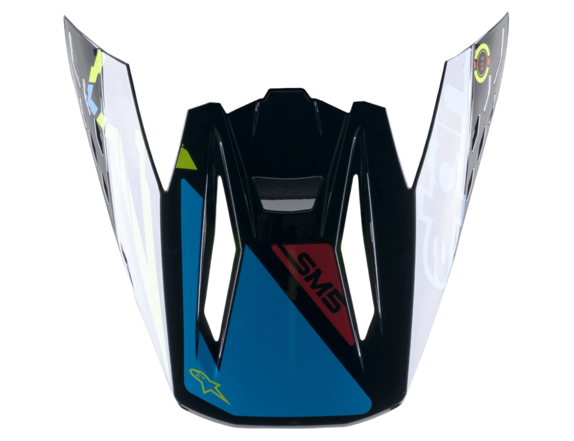 Alpinestars S-M5 Action Visor, reservdel för motocrosshjälm, svart, cyan och neongul glansig finish, med SM5-grafik och stjärnlogotyp, klickfästning för terrängkörning