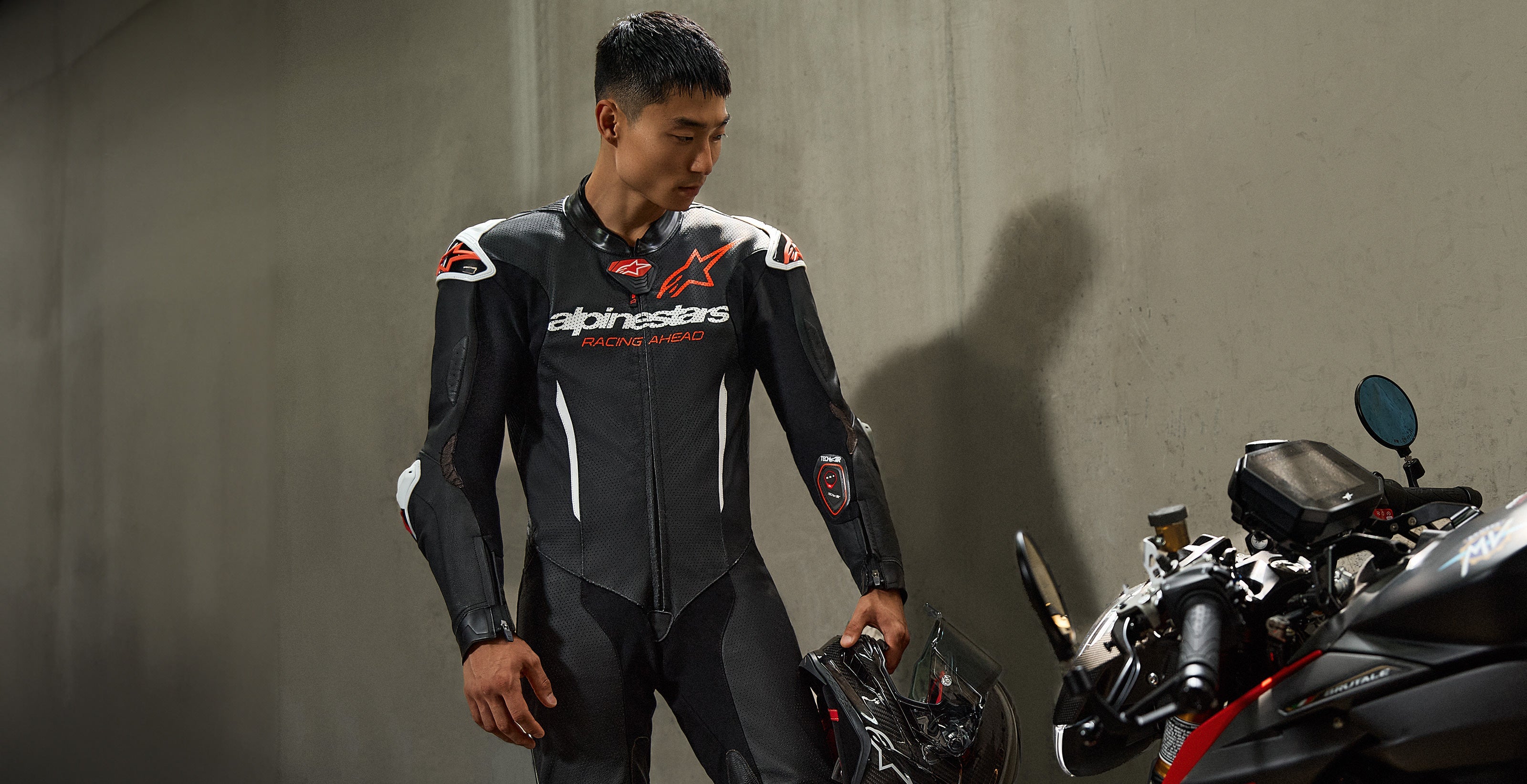 Alpinestars GP-R7 Leather Suit - 1 Piece, Men's Motorcycle Racing Suit, Black and Red Fluo, CE AAA certified bovine leather.