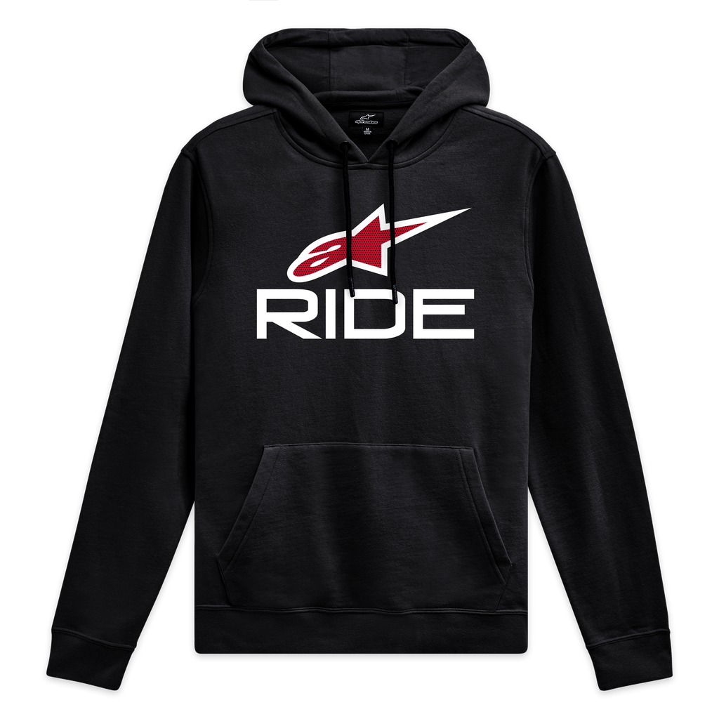 Alpinestars Ride 4.0 huvtröja, svart pullover med vit och röd logotypgrafik på bröstet, bekväm motorsport-streetwear