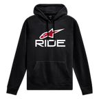 Alpinestars Ride 4.0 huvtröja, svart pullover med vit och röd logotypgrafik på bröstet, bekväm motorsport-streetwear