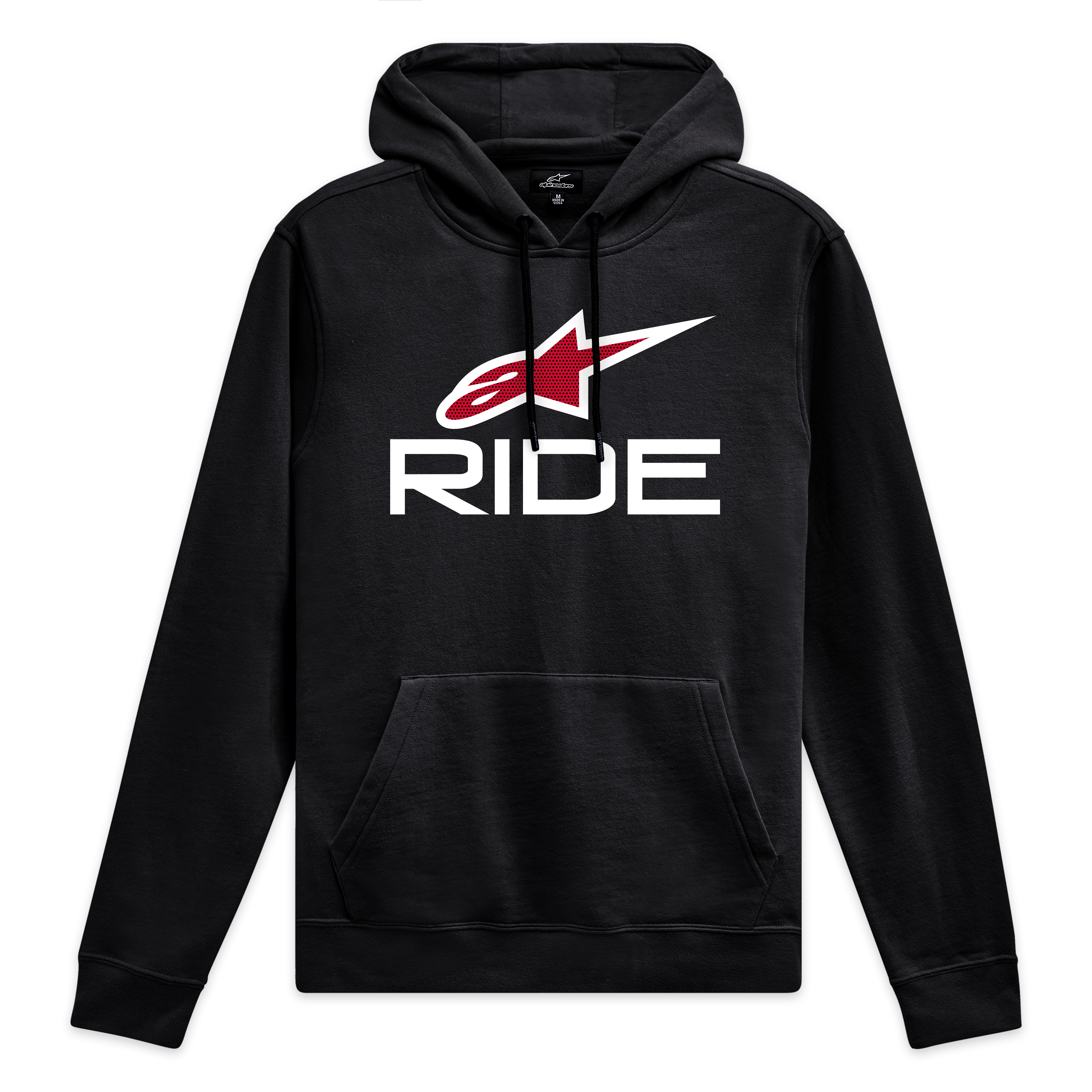 Alpinestars Ride 4.0 huvtröja, svart pullover med vit och röd logotypgrafik på bröstet, bekväm motorsport-streetwear