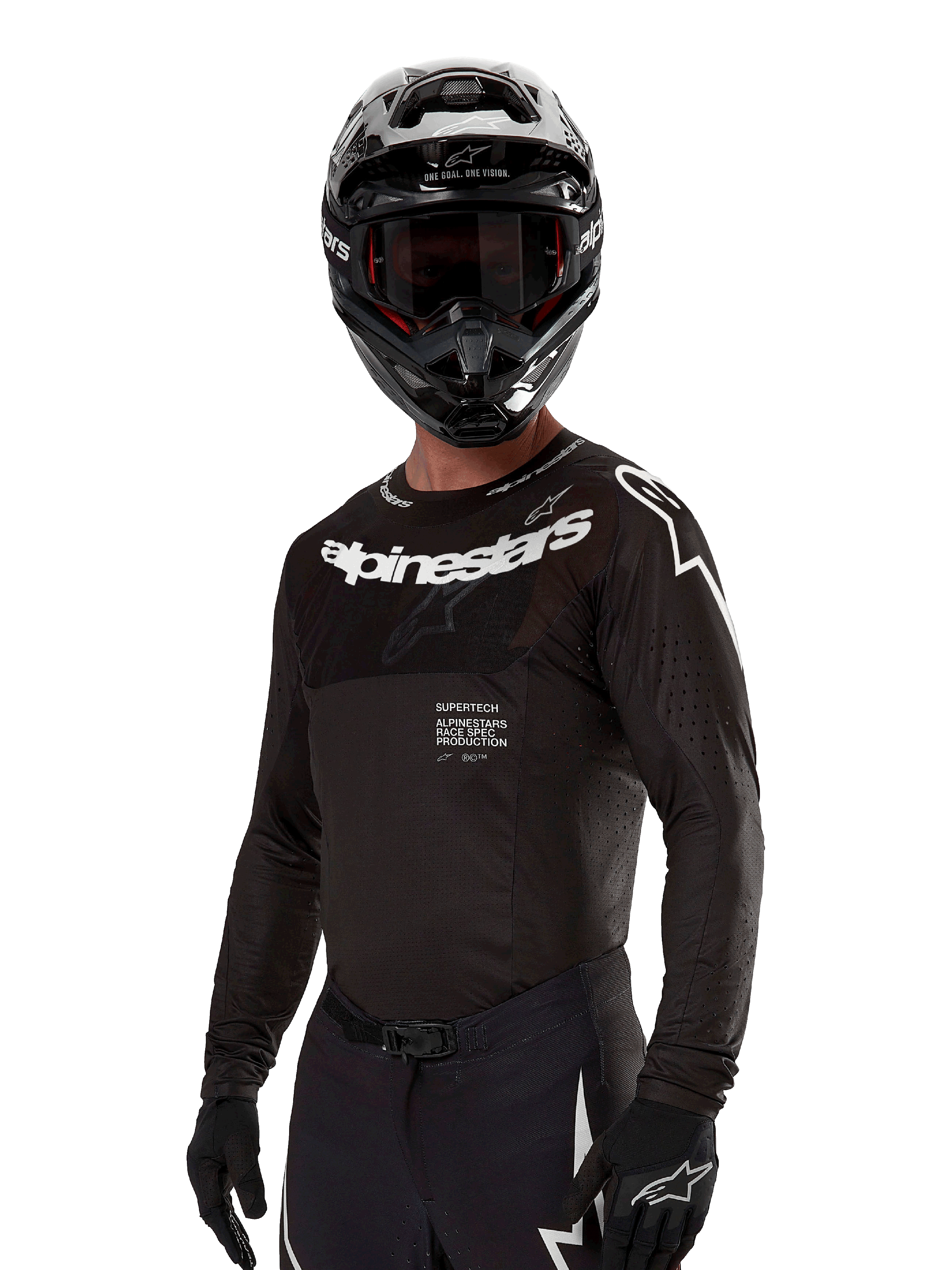 Alpinestars 2024 Supertech Ward Jersey, motocross-tröja, svart och vit, långärmad racingtröja med tydlig Alpinestars-profilering, bärs med matchande hjälm och handskar, atletisk passform för terrängkörning