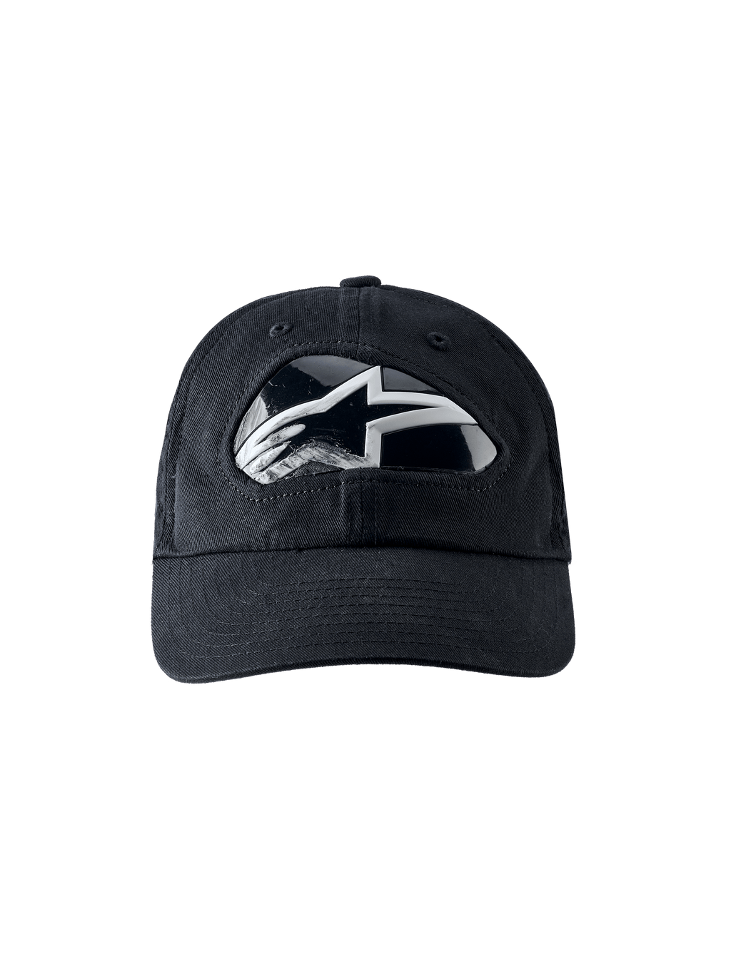 Alpinestars RSRV Shield Cap, svart baseballkeps med reflekterande silvervit logotyp, premium konstruktion med böjd skärm, modern streetwear-design