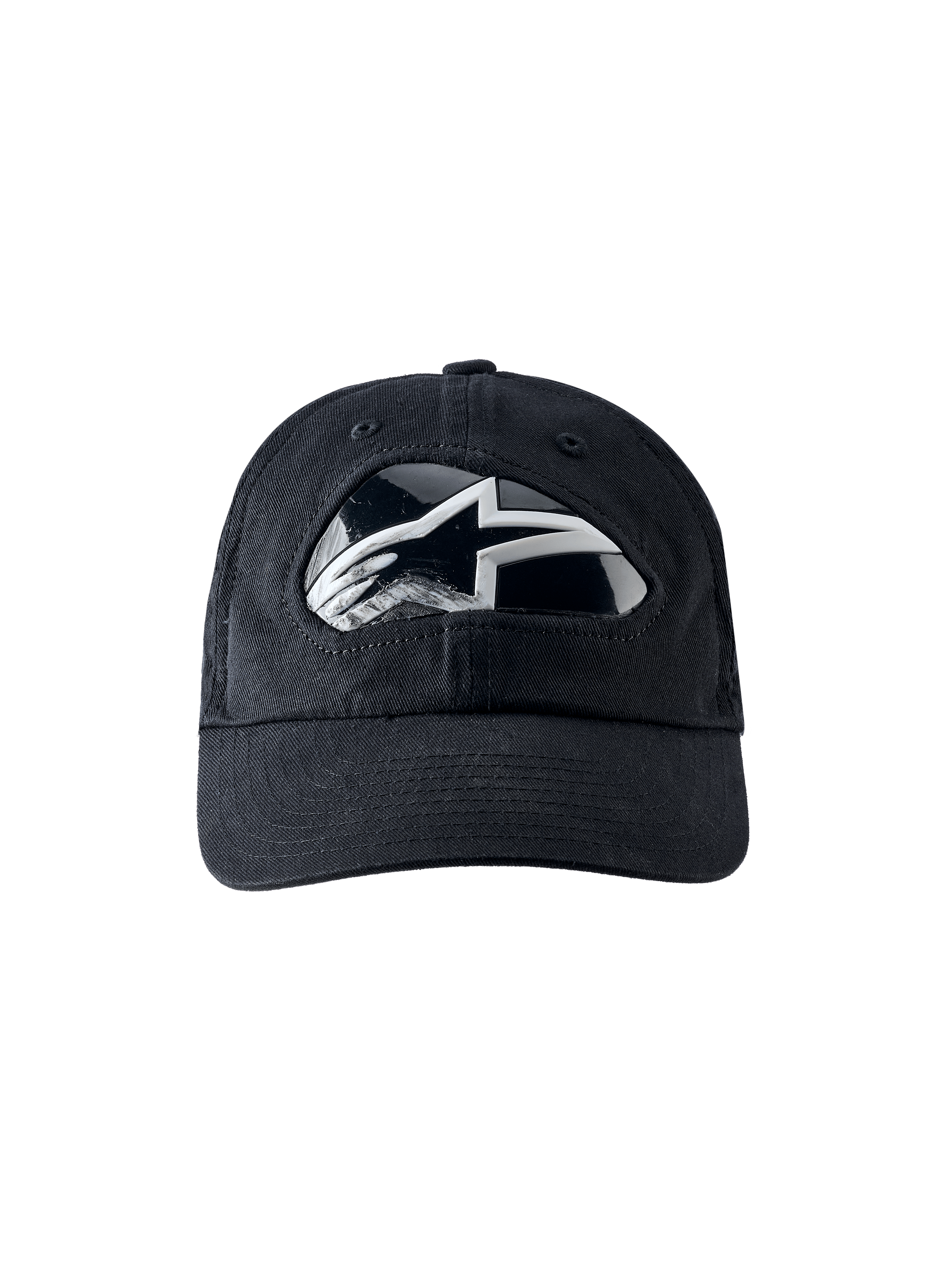 Alpinestars RSRV Shield Cap, svart baseballkeps med reflekterande silvervit logotyp, premium konstruktion med böjd skärm, modern streetwear-design