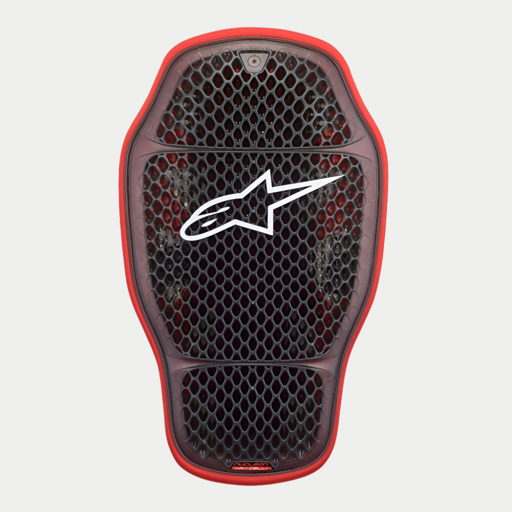 Alpinestars Nucleon KR-1 Cell i Back Protector, Back Protector Insert, Transparent Smoke Red, featuring a honeycomb micro-structure cell design, white Alpinestars logo in the center, and a red flexible outer border for motorcycle impact protection.