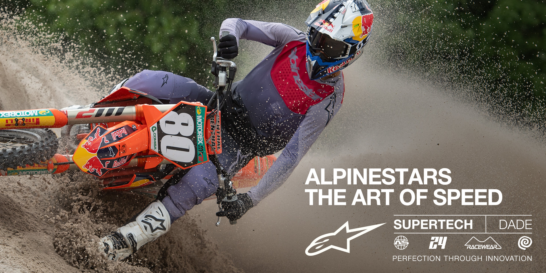 Alpinestars Supertech Dade Jersey and Pants in Iron Red Berry and Grey, motocross rider cornering in sand.