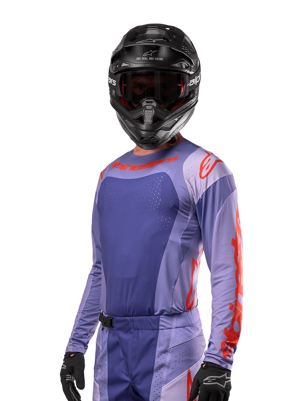 Alpinestars 2024 Techstar Ocuri-tröja, motocross-racingtröja, lila och orange, långärmad med laserutskurna perforeringar för ventilation, atletisk tävlingspassform, bärs med svart motocrosshjälm och handskar