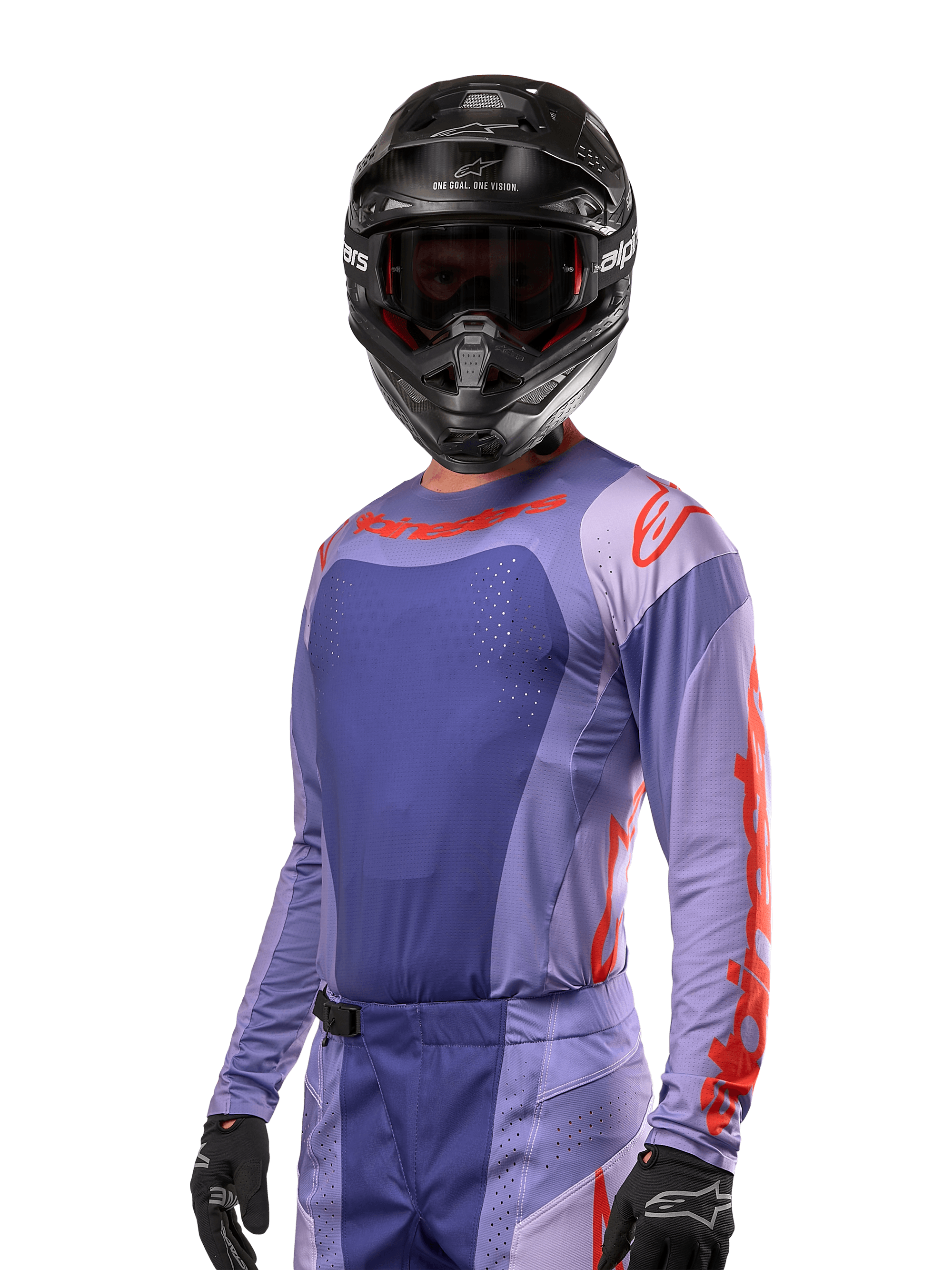 Alpinestars 2024 Techstar Ocuri-tröja, motocross-racingtröja, lila och orange, långärmad med laserutskurna perforeringar för ventilation, atletisk tävlingspassform, bärs med svart motocrosshjälm och handskar