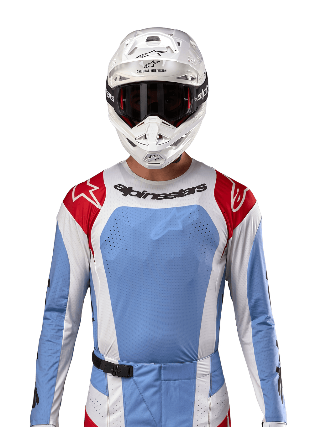 Alpinestars 2024 Techstar Ocuri Jersey, Motocross Racing Jersey, Light Blue Mars Red and White, front view featuring laser-cut ventilation and athletic fit, worn with a white helmet and goggles for a professional off-road racing look