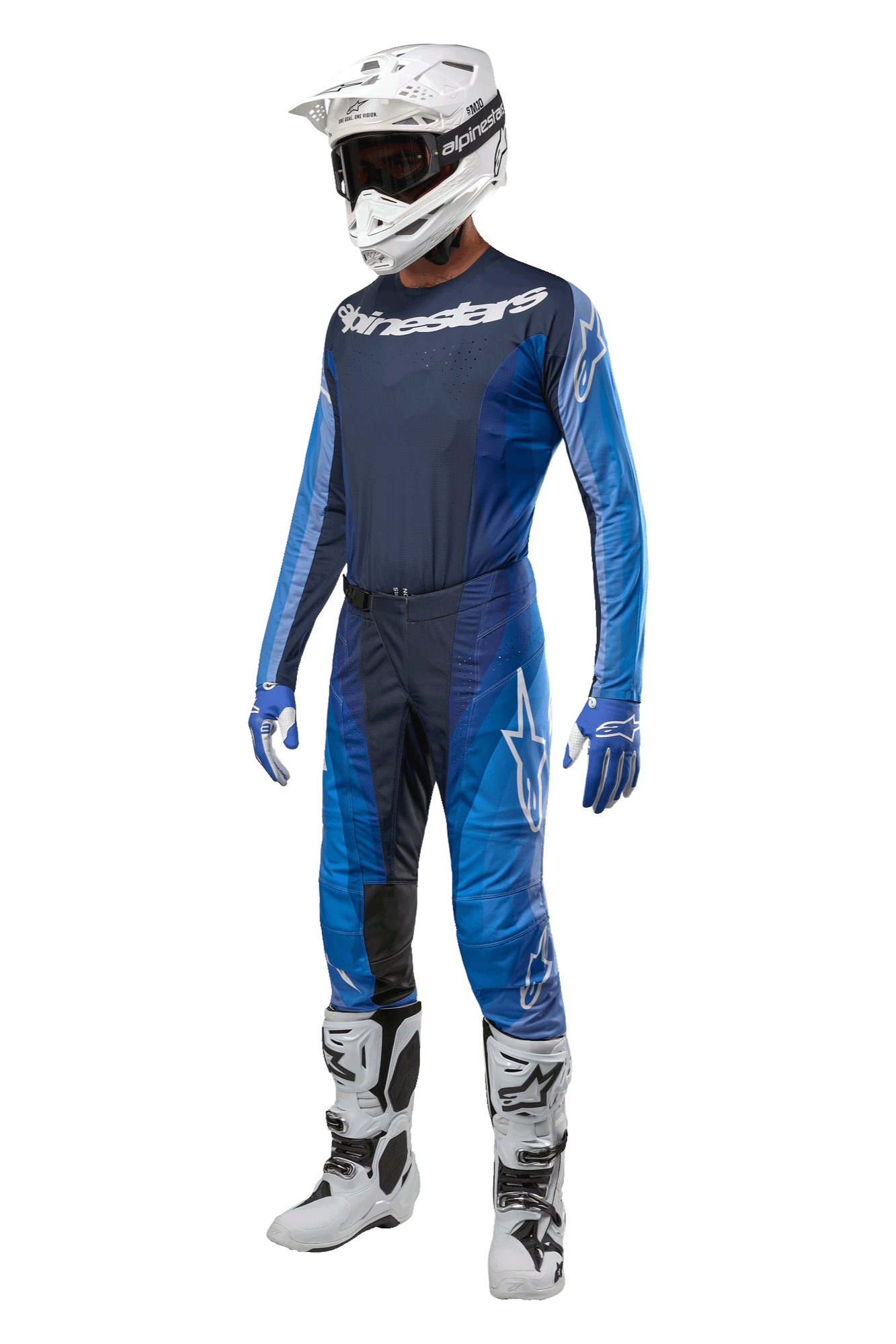 Alpinestars 2024 Techstar Pneuma-byxor, motocrossbyxor, mörkblå och ljusblå, komplett racing-kit med matchande tröja, vit hjälm med goggles, blå och vita handskar och vita stövlar, professionell terrängutrustning