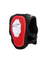 Alpinestars Tech-Air® MX System, autonomous off-road airbag vest, rear view showing a large red Nucleon PLASMA back protector with a honeycomb structure, white central panel with black star logo, breathable black mesh chassis, and adjustable side straps