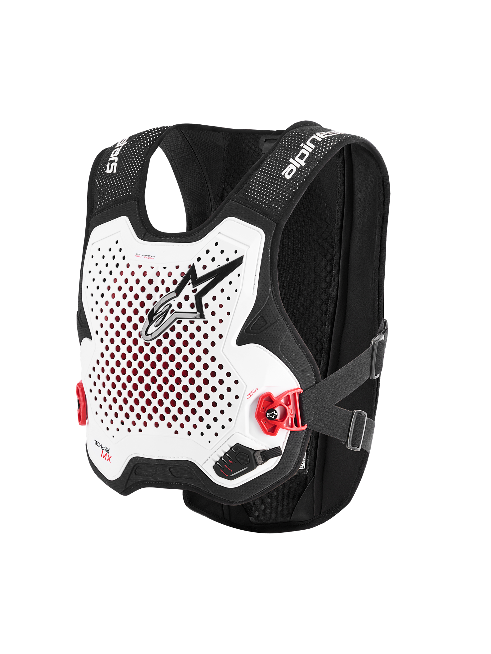 Alpinestars Tech-Air® MX System, autonom airbagväst för terrängkörning, vit och svart, perforerad vit bröstplatta med svart logotyp, röda sidospännen, svart stretchmesh-chassi, avancerat skydd för motocross och supercross