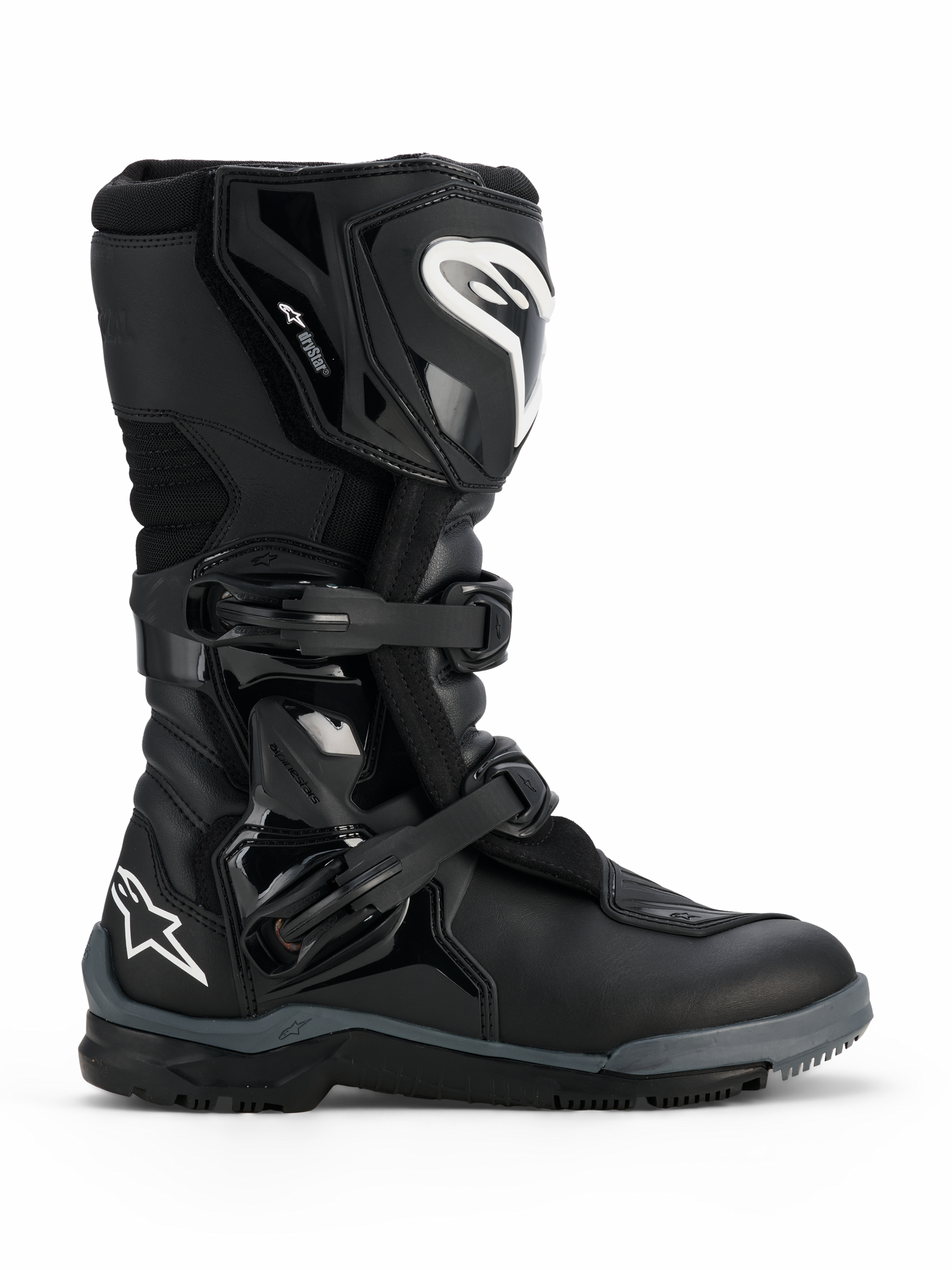 Alpinestars Corozal V2 Adventure Drystar® stövlar, svarta, robust äventyrsmotorcykelstövel med vita Alpinestars-logotyper på smalbenet och hälen, två justerbara polymerspännen och en hållbar konstruktion i flera material designad för terrängkörning.
