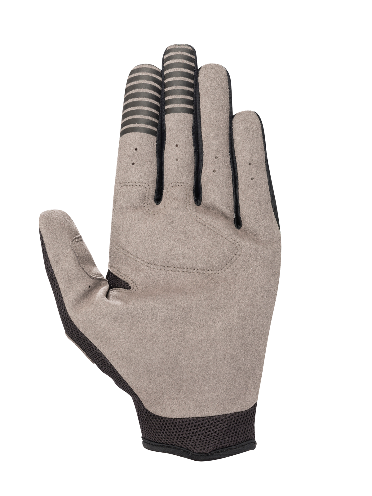 Alpinestars Engine-handskar, vy av handflatan, svart och grå, med handflata i syntetisk mocka, ledande svarta ränder på pek- och långfingertopparna, svart mesh vid handleden och tummen samt små ventilationshål på fingrarna.