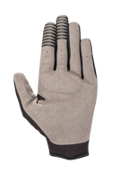 Alpinestars Engine Gloves, palm view, Black and Gray, featuring a synthetic suede palm with conductive black stripes on the index and middle fingertips, black mesh at the wrist and thumb, and small ventilation holes on the fingers.
