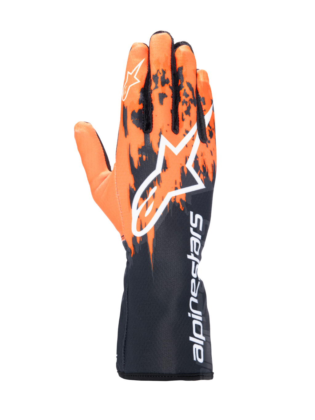 Alpinestars Tech-1 K V3-handskar, kartinghandskar, svarta, orangea och vita, med en sublimerad grafisk design med orangea penseldragsmönster på en svart bas, stor vit Astar-logotyp på ovansidan, vertikal Alpinestars-text på kragen, professionell kartingutrustning