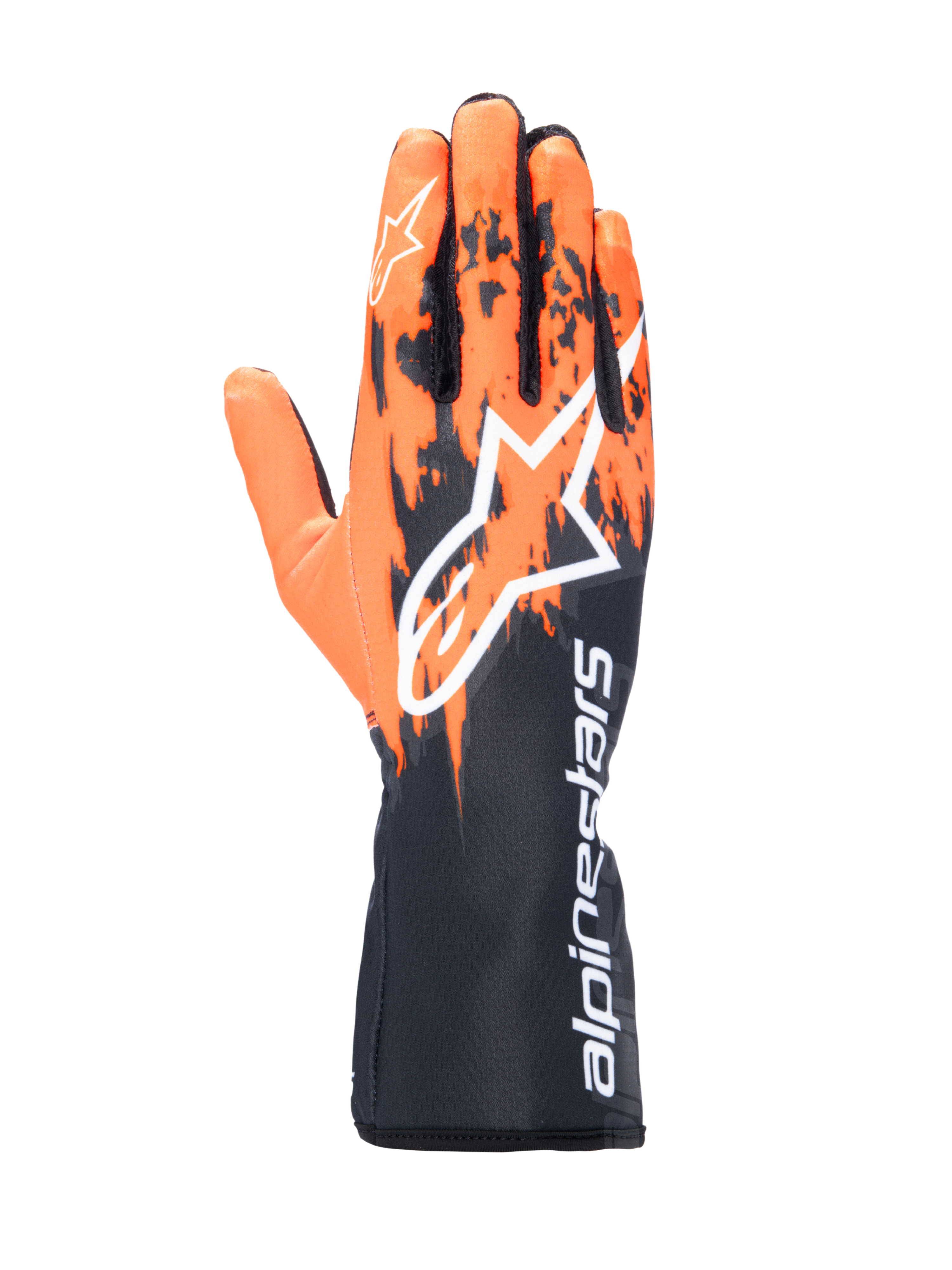 Alpinestars Tech-1 K V3 Gloves, Karting Gloves, Black Orange and White, featuring a sublimated graphic design with orange brush-stroke patterns on a black base, large white Astar logo on the back, vertical Alpinestars text on the gauntlet cuff, professional kart racing gear